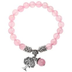 Top Plaza Stretch Rose Quartz Tree of Life Lucky Stone Bracelet Reiki Healing Crystal Gemstone Dangle Charms Pendant Birthstone Bracelet(6.2'')