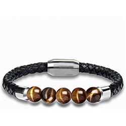 Mens Leather Bracelet with Tigers Eye Gemstone Stainless Steel Leather Braided Bracelet with Magnetic Clasp