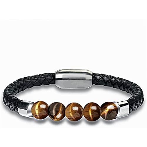 Mens Leather Bracelet with Tigers Eye Gemstone Stainless Steel Leather Braided Bracelet with Magnetic Clasp