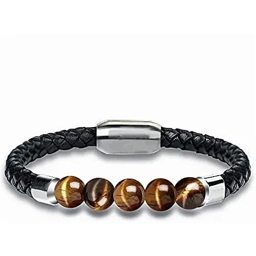 Mens Leather Bracelet with Tigers Eye Gemstone Stainless Steel Leather Braided Bracelet with Magnetic Clasp Mens Leather Bracelet with Tigers Eye Gemstone Stainless Steel Leather Braided Bracelet with Magnetic Clasp