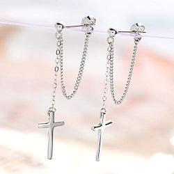 Cross Dangle Drop Earrings 925 Sterling Silver Chain Dropping for Women Men Punk Ball Studs Hypoallergenic Jewelry