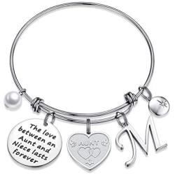 Aunt Gifts from Niece, Dainty Aunt Gift Engraved The Love between an Aunt and Niece Lasts Forever Relationship Bracelet Initial Charm Bracelets for Women Best Aunt Ever Gifts from Niece Nephew