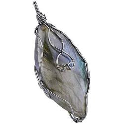 SUNYIK Natural Labradorite Stone Pendant Necklace for Unisex, Handmade Wire Wrapped Irregular Jewelry for Healing