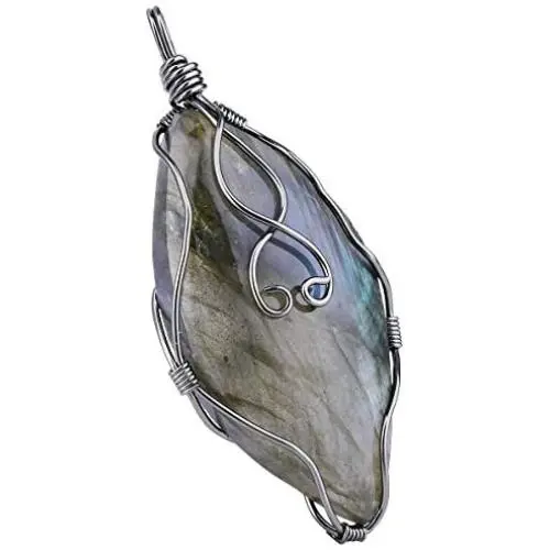 SUNYIK Natural Labradorite Stone Pendant Necklace for Unisex, Handmade Wire Wrapped Irregular Jewelry for Healing