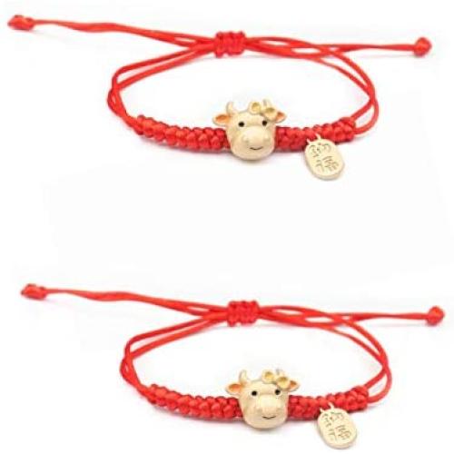 COLORFUL BLING 2-4Pcs Chinese Traditional Ox Red String Bracelets Set Protection Lucky Cow New Year Red Braided Bracelet Jewelry for Unisex