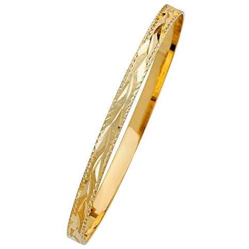 Wellingsale 14k Solid Yellow Gold Slip On Diamond Cut Stacking Bangle Bracelet (Multiple Styles Available)
