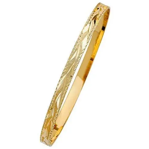 Wellingsale 14k Solid Yellow Gold Slip On Diamond Cut Stacking Bangle Bracelet (Multiple Styles Available)