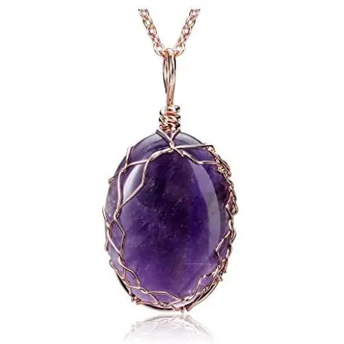 Jovivi Healing Crystal Necklace Natural Amethyst Rose Quartz Black Obsidian Stone Pendant Handmade Wire Wrapped Oval Gemstone Necklace Quartz Jewelry for Women Men