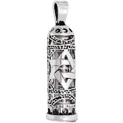 Sterling Silver Mezuzah Necklace Star of David Cut Outs 1 inch with 1mm Box Chain 16-30 inch