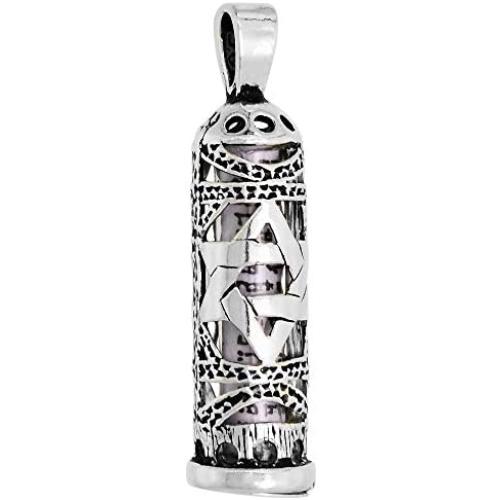 Sterling Silver Mezuzah Necklace Star of David Cut Outs 1 inch with 1mm Box Chain 16-30 inch
