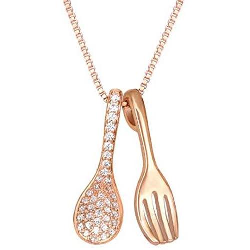 Jude Jewelers Silver Rose Gold Fork and Spoon Pendant Cocktail Party Evening Dinner Pendant Necklace