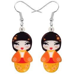WEVENI Acrylic Japanese Kimono Girl Doll Earrings Dangle Drop Cute Jewelry For Women Girls Novelty Gifts