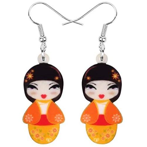 WEVENI Acrylic Japanese Kimono Girl Doll Earrings Dangle Drop Cute Jewelry For Women Girls Novelty Gifts