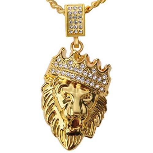 Aiyo Fashion Hip Hop Jewelry Crown Lion Head Pendant Iced Out Clear Rhinestones Curb Cuban Chain Stainless Steel Necklace