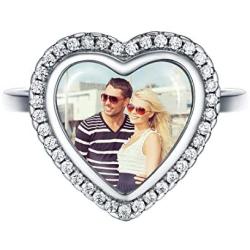 Custom Photo Ring Memorial Picture Printed Personalized Jewelry 925 Sterling Silver Open Style Cubic Zirconia Heart Engagement Rings, Adjustable