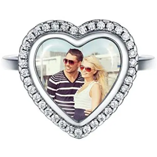Custom Photo Ring Memorial Picture Printed Personalized Jewelry 925 Sterling Silver Open Style Cubic Zirconia Heart Engagement Rings, Adjustable