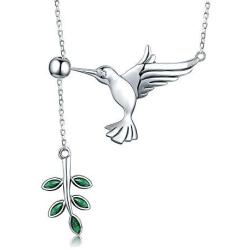 Crystal Olive Leaf Hummingbird Necklace for Women Girls 925 Sterling Silver Green Rhinestone Ball Bead Oxidized Bird Pendant Necklace Adjustable Chain Fashion Retro Jewelry Gift for Mother Aunt Ladies