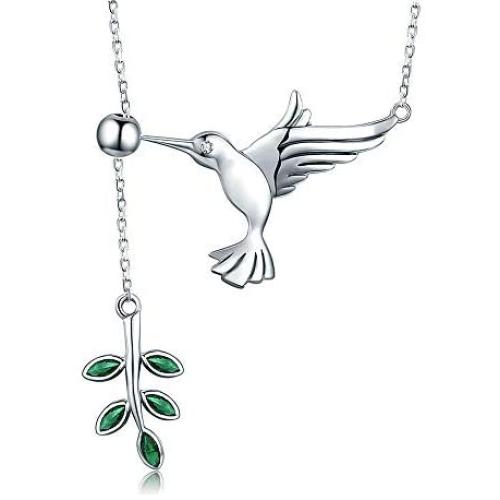 Crystal Olive Leaf Hummingbird Necklace for Women Girls 925 Sterling Silver Green Rhinestone Ball Bead Oxidized Bird Pendant Necklace Adjustable Chain Fashion Retro Jewelry Gift for Mother Aunt Ladies