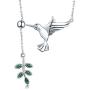 Crystal Olive Leaf Hummingbird Necklace for Women Girls 925 Sterling Silver Green Rhinestone Ball Bead Oxidized Bird Pendant Necklace Adjustable Chain Fashion Retro Jewelry Gift for Mother Aunt Ladies
