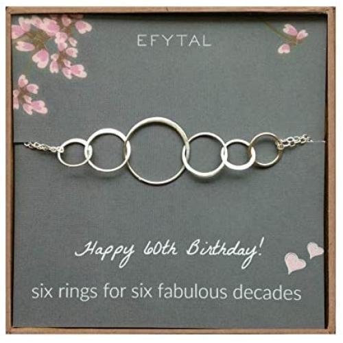 EFYTAL 60th Birthday Gifts for Women, Sterling Silver Six Circle Bracelet for Her, 6 Decade Jewelry 60 Years Old