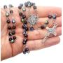 Nazareth Store Saint Benedict Rosary Necklace Deep Blue With Sheen Crystal Beads, Silver Miraculous Medal and Cross NR - Velvet Bag