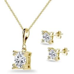 Sterling Silver Cubic Zirconia Studded Solitaire Necklace & Stud Earrings Set