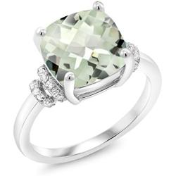 Gem Stone King Sterling Silver Green Prasiolite Womens Ring (3.62 cttw Cushion Checkerboard Cut, Available in size 5, 6, 7, 8, 9)