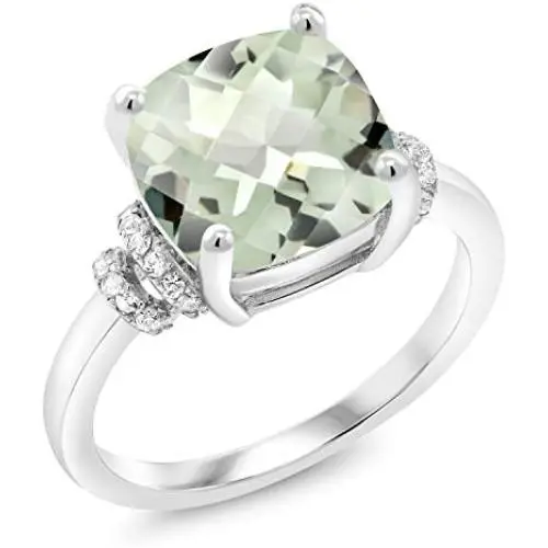 Gem Stone King Sterling Silver Green Prasiolite Womens Ring (3.62 cttw Cushion Checkerboard Cut, Available in size 5, 6, 7, 8, 9)