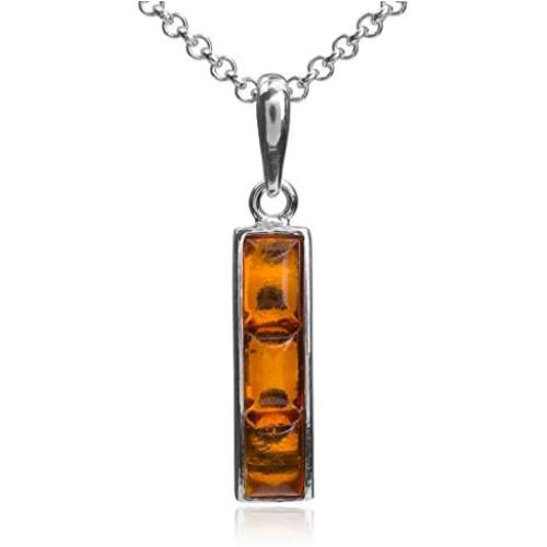 Sterling Silver Amber Rectangular Pendant Chain 18 Inches
