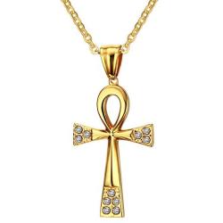 XUANPAI XP Unisex Simple Rhinestone Stainless Steel Key of The Nile Egyptian Ankh Cross Necklace for Women Men