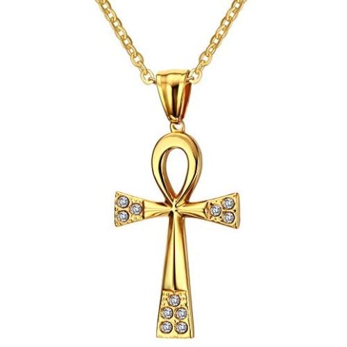 XUANPAI XP Unisex Simple Rhinestone Stainless Steel Key of The Nile Egyptian Ankh Cross Necklace for Women Men