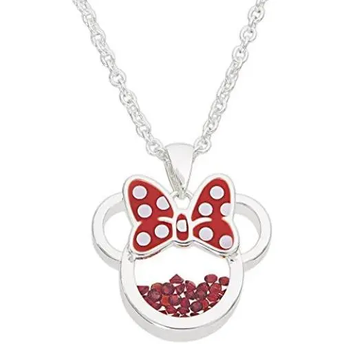 Disney Birthstone Women and Girls Jewelry Minnie Mouse Silver Plated Shaker Pendant Necklace, 18+2'' Extender