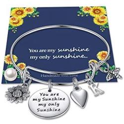 Sunflower Charm Bracelets for Women Girls, Stainless Steel Expandable Bangle Bracelets Engraved Letter Sunflower Bee You Are My Sunshine My Only Sunshine Initial Charm Sunflower Bracelets Jewelry Gift