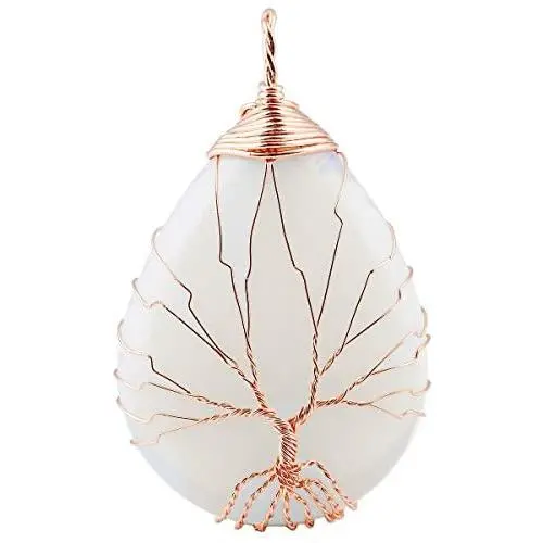SUNYIK Teardrop Stone Tree of Life Pendant Necklace, Handmade Copper Wire Wrapped Jewelry, Healing Chakra