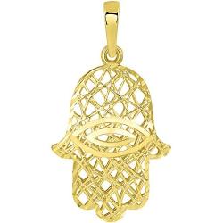 14k Yellow Gold Textured Filigree 3D Hamsa Hand of Fatima with Evil Eye Pendant