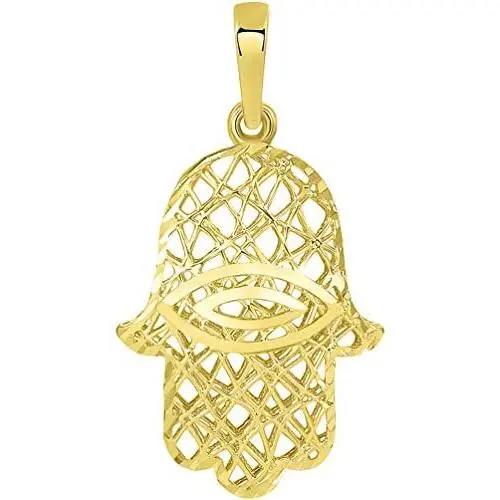 14k Yellow Gold Textured Filigree 3D Hamsa Hand of Fatima with Evil Eye Pendant 14k Yellow Gold Textured Filigree 3D Hamsa Hand of Fatima with Evil Eye Pendant