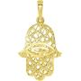 14k Yellow Gold Textured Filigree 3D Hamsa Hand of Fatima with Evil Eye Pendant