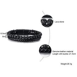 MEALGUET Mens Lava Rock Bracelet Healing Balancing Braided Leather Bracelets with Magnetic Clasp, 2 Layered Symbol Cuff Bracelets, 8.4''