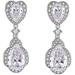 Scarlvambo Womens Cubic Zirconia Heart Teardrop Pierced Dangle Wedding Earrings Silver-Tone