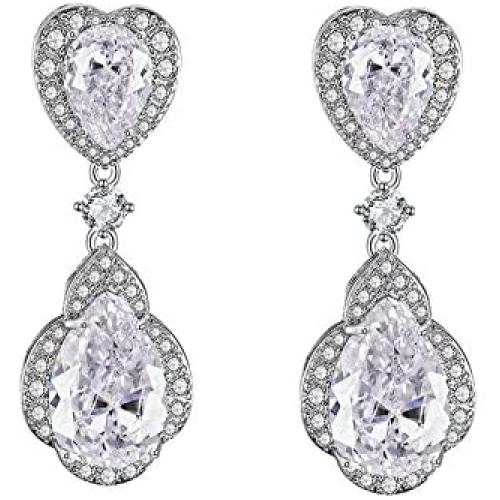 Scarlvambo Womens Cubic Zirconia Heart Teardrop Pierced Dangle Wedding Earrings Silver-Tone