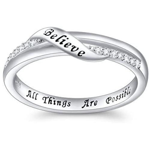 Inspirational Jewelry Sterling Silver Engraved Believe All Things are Possible Band Ring for Women Girlfriend, Size 5-10