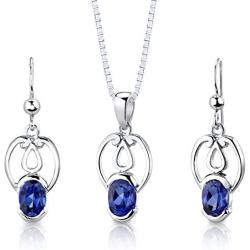 Peora Created Blue Sapphire Earrings Pendant Necklace Jewelry Set in Sterling Silver, Dainty Design, Oval Shape, 2.25 Carats total, with 18 inch Chain