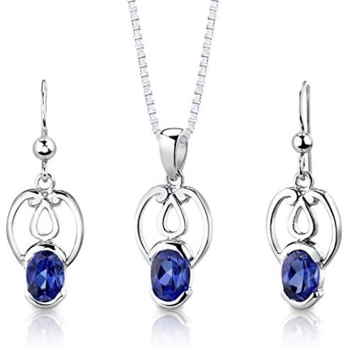 Peora Created Blue Sapphire Earrings Pendant Necklace Jewelry Set in Sterling Silver, Dainty Design, Oval Shape, 2.25 Carats total, with 18 inch Chain