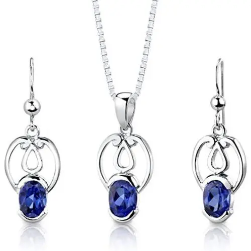 Peora Created Blue Sapphire Earrings Pendant Necklace Jewelry Set in Sterling Silver, Dainty Design, Oval Shape, 2.25 Carats total, with 18 inch Chain Peora Created Blue Sapphire Earrings Pendant Necklace Jewelry Set in Sterling Silver, Dainty Design, Oval Shape, 2.25 Carats total, with 18 inch Chain