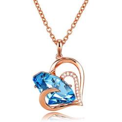 JWARTIZIAON Heart Necklace Jewelry for Women - Plated Pendant Necklace Jewelry with Blue Crystal, Anniversary Birthday Jewelry Gifts Rose Gold