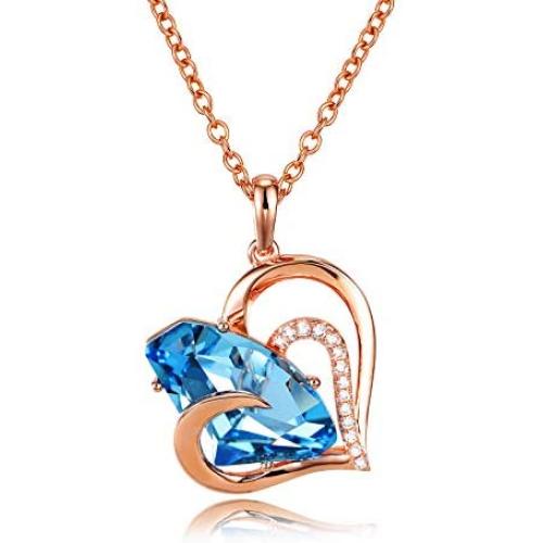 JWARTIZIAON Heart Necklace Jewelry for Women - Plated Pendant Necklace Jewelry with Blue Crystal, Anniversary Birthday Jewelry Gifts Rose Gold