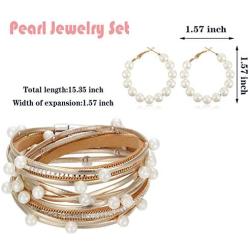 Hicarer Women Multilayer Leather Wrap Bracelets Tassel Pearl Leopard Earrings Jewelry Set