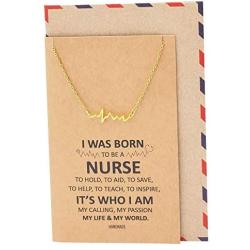 Quan Jewelry EKG Heartbeat Necklace, Lifeline Pulse Pendant, Female Nurse RN Graduation Gifts with Greeting Card, 16-in to 18-in, Gold-tone