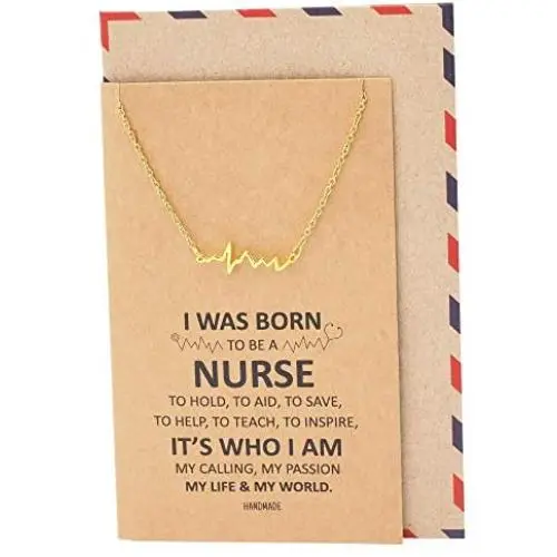 Quan Jewelry EKG Heartbeat Necklace, Lifeline Pulse Pendant, Female Nurse RN Graduation Gifts with Greeting Card, 16-in to 18-in, Gold-tone Quan Jewelry EKG Heartbeat Necklace, Lifeline Pulse Pendant, Female Nurse RN Graduation Gifts with Greeting Card, 16-in to 18-in, Gold-tone