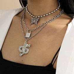 YERTTER Vintage Punk Multi Layered Silver Butterfly Lock Chinese Dragom Pendant Clavice Chain Necklace Female Necklace Jewelry for Women Men Party Prom Vacation